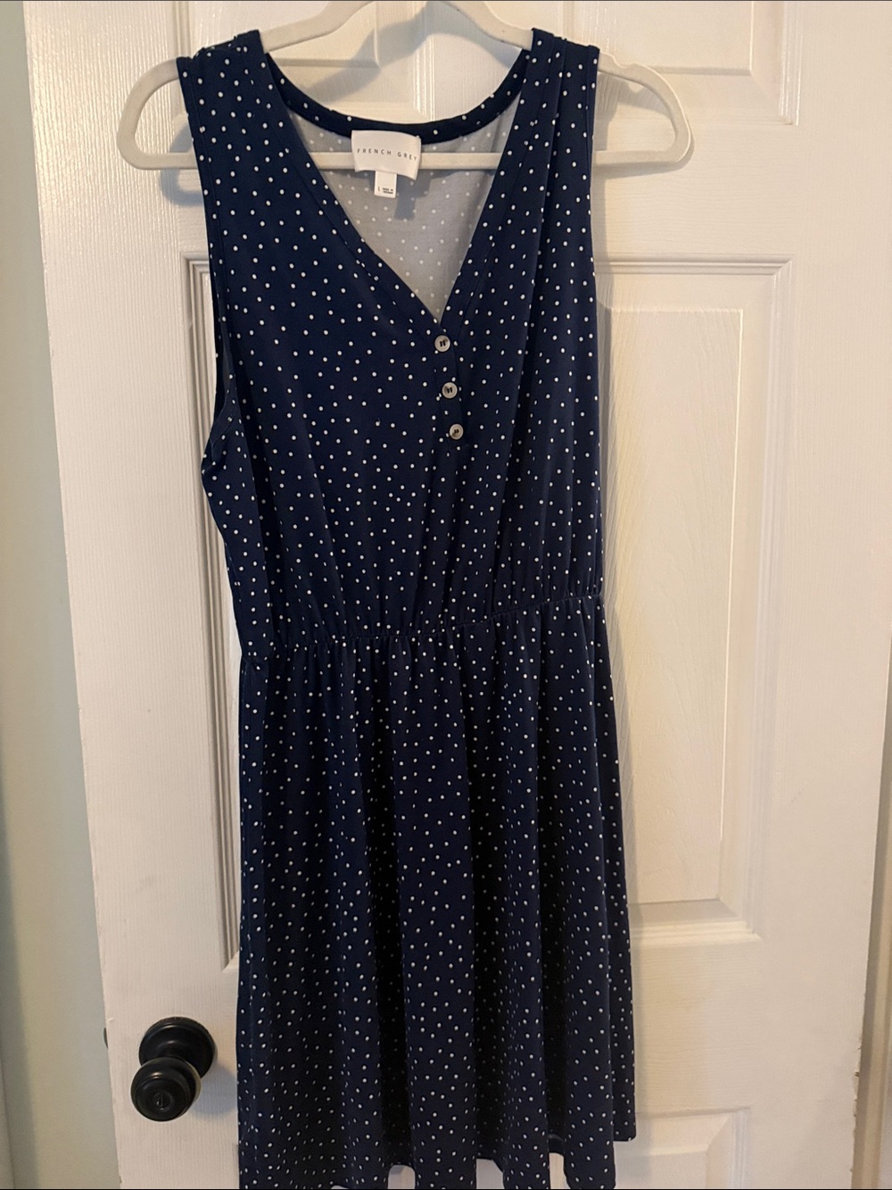 French Grey Navy Polka Dot V-Neck Dress